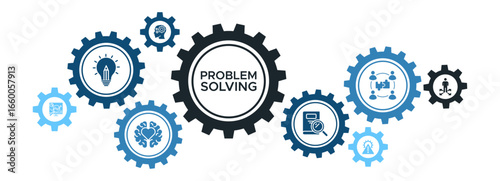 Problem Solving and Critical Thinking Skills Banner Featuring Team Building, Creativity, and Decision Making Icons