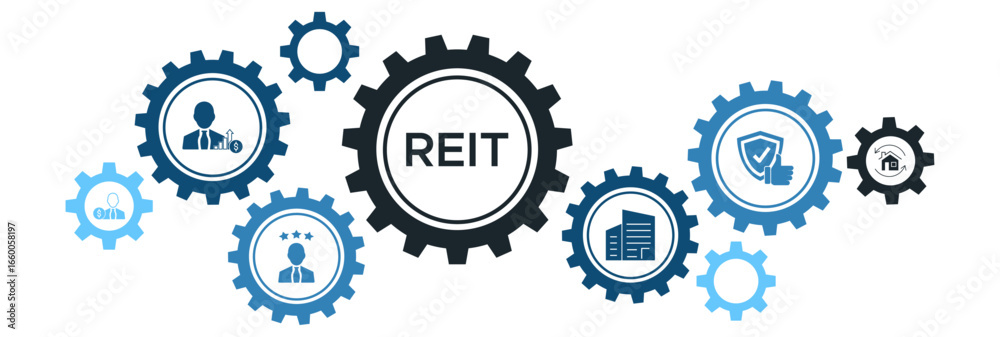 Real Estate Investment Trust (REIT) Banner with Icons for Manager, Broker, Investor Trust, and Financial Returns Real Estate Investment Trust (REIT) Banner with Icons for Manager, Broker, Investor Trust, and Financial Returns