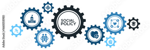 Social Policy Banner Vector Concept Featuring Icons for Government Legislation, Welfare, Education, Healthcare, and Social Reform