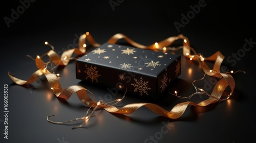 Elegant black gift box with golden ribbon and fairy lights during festive season celebration