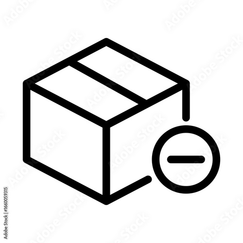 Black Line Box Icon with Subtraction Symbol on White Background