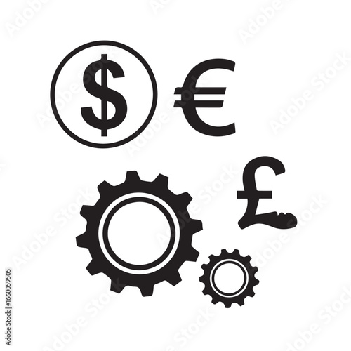 Financial Symbols and Gears Illustrating Economic Mechanics and Business Growth
