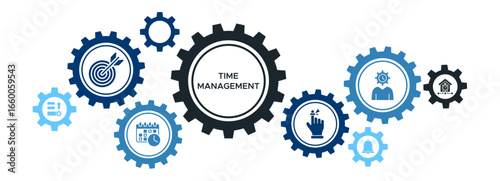 Time Management Techniques Banner Vector Concept Featuring Icons for Scheduling, Prioritizing, Efficiency, and Task Control