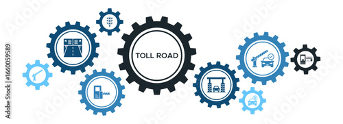 Seamless Toll Road System Banner with GPS, Payment Stations, Traffic Control, and Turnpike Icons