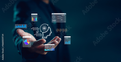 Billede på lærred Businessman presenting AI interface with data dashboard, analytics graphs, and charts