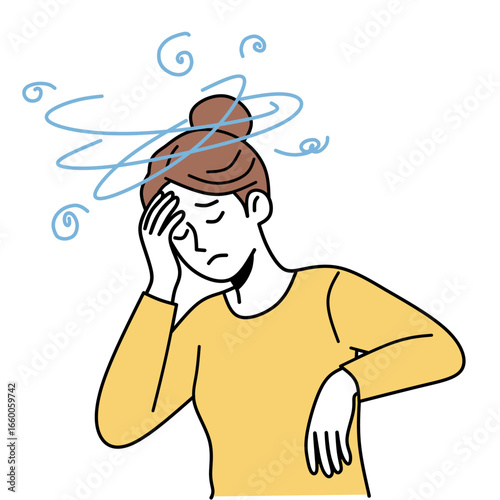 Illustration of a woman feeling dizzy with vertigo, holding her head and looking unwell. Concept of headache, fatigue, migraine, health problem, stress, or illness symptom