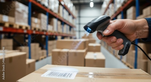 Worker Scanning Barcode in Warehouse with Handheld Scanner
