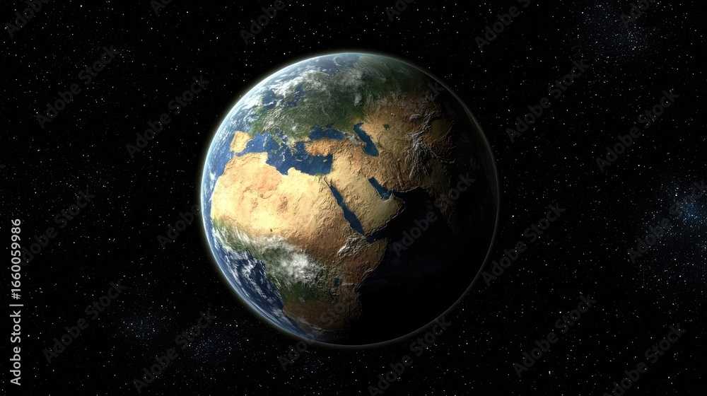 Obraz premium Detailed Render of Planet Earth Emphasizing Africa Europe and Middle East in a Starry Space Background with Blue and Green Continents