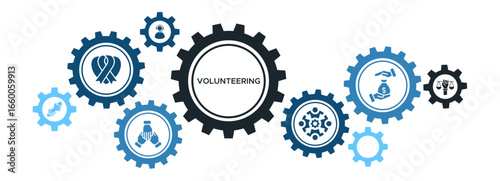 Volunteering and Community Aid Banner Vector Concept Featuring Icons for Charity, Support, Donations, and Unity