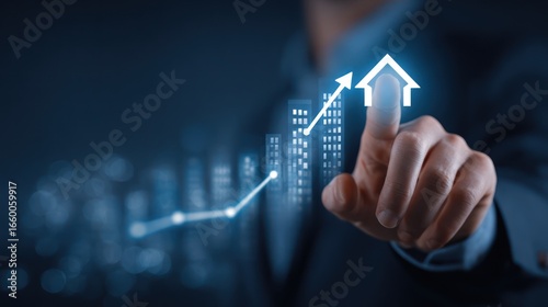 A person's finger interacts with a holographic projection displaying upward trending graph overlaid on a cityscape, symbolizing real estate market growth