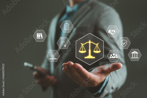 Konstfotografi Businessman presenting digital law and justice icons with legal scale, document, and court symbols
