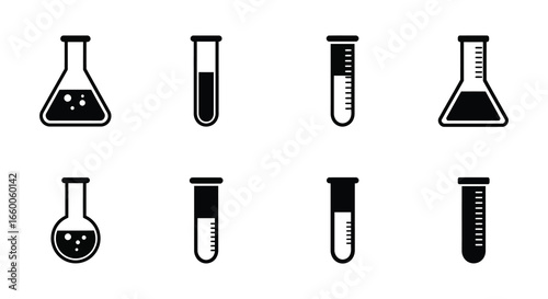 Collection of laboratory equipment icons including beakers and test tubes