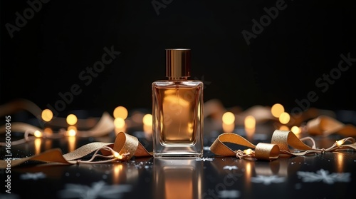 Elegant glass perfume bottle on a dark surface surrounded by golden ribbons and soft glowing lights for a festive atmosphere