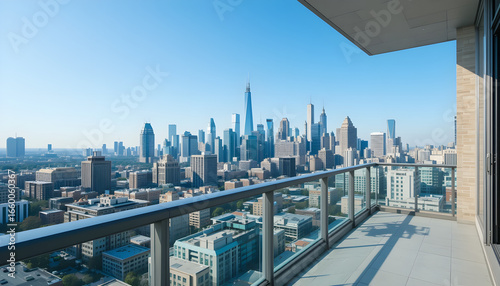 Spacious balcony view overlooking urban skyline with modern buildings and clear blue sky
