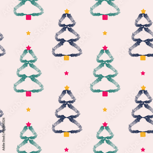 Seamless Christmas pattern with fir trees, balls, ribbons, stars and icicles. Hand drawn cartoon, texture style, Festive winter holiday background. For design, stickers, patchwork.