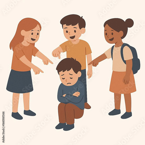 Minimalist flat design of students standing in a circle teasing another child in the center, who looks sad and withdrawn. Clear shapes, soft flat color scheme, isolated on white background.