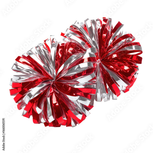 Red and silver cheerleading pom poms pair isolated on transparent background
