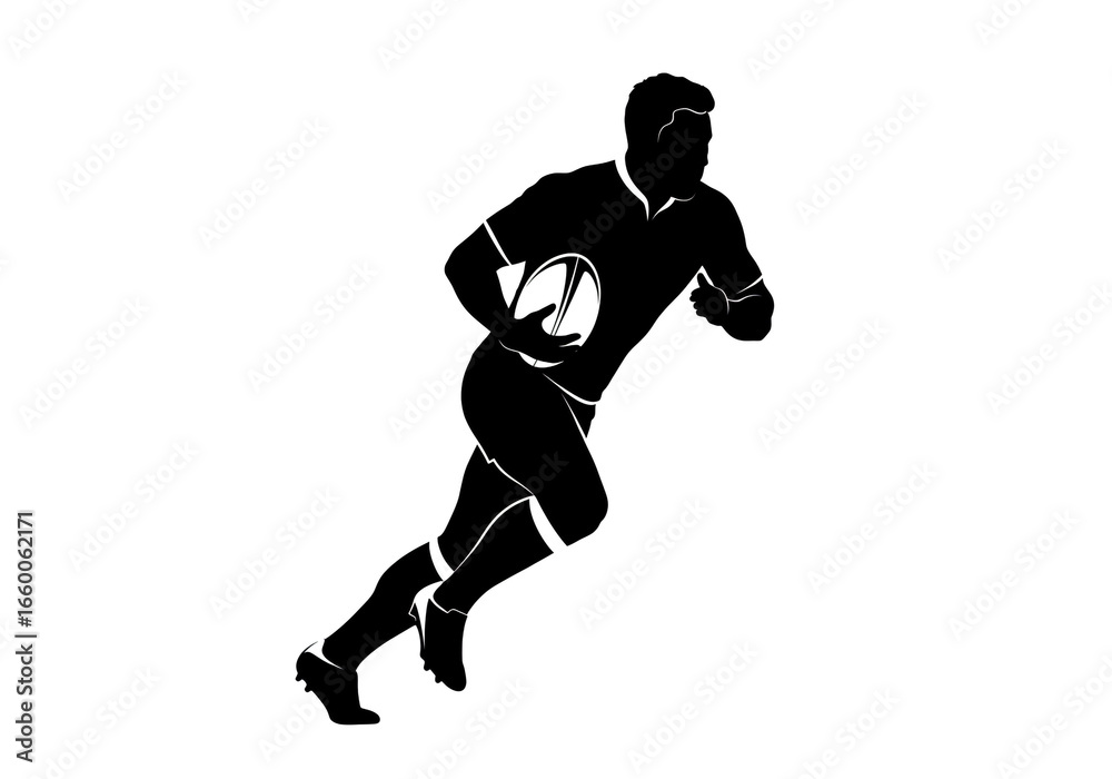 Fototapeta premium Silhouette of Male Rugby Player Charging Forward with Ball Isolated on White