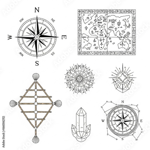 Collection of nautical themed graphic elements: compasses, maps, and other decorative designs.