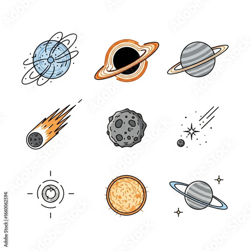 Collection of cartoon space objects: planets, black hole, meteor, asteroid, sun.