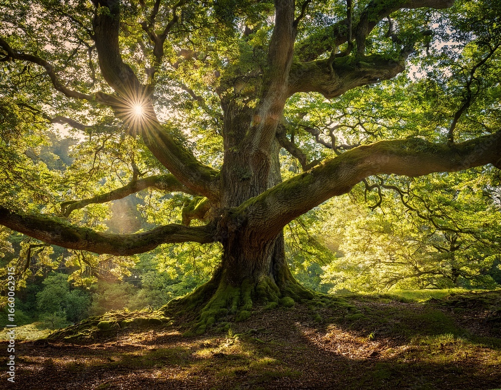 Fototapeta premium ancient oak tree in a sunlit forest
