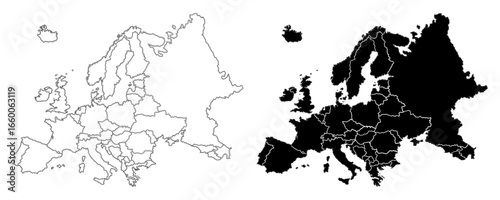 Europe map isolated on white background.Europe  political map. Low detailed. Solid simple style.Europe map silhouette linear and black illustration. Black and white. Vector editable