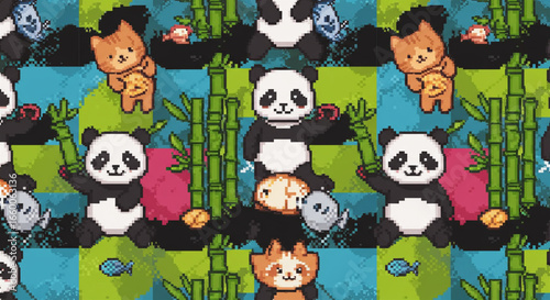 Cute Pixel Art Pandas, Red Pandas, and Cats in Bamboo Forest Seamless Pattern