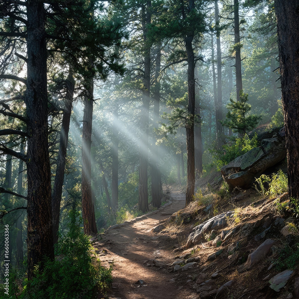 Obraz premium Sunlight filtering through pine trees on a hiking trail 
