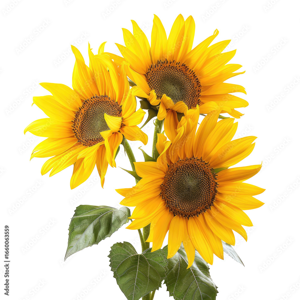 Obraz premium Three vibrant sunflowers in full bloom with green leaves, isolated