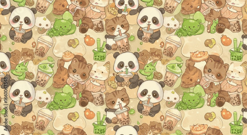 Kawaii Panda and Cat Boba Tea Seamless Pattern with Cute Cartoon Animals and Sweets