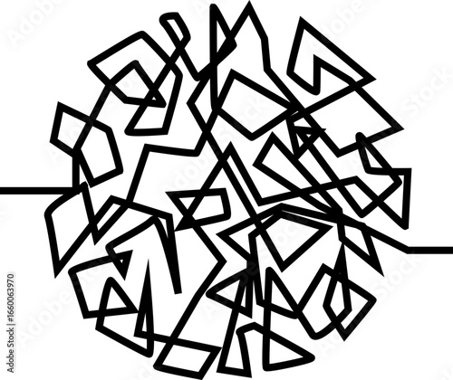 Angular circular scribble built with thick jagged strokes arranged into a rough round form.
