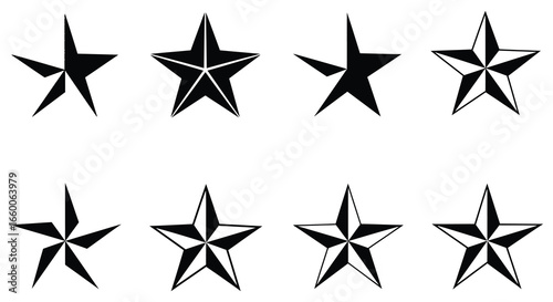 A collection of eight black and white star shapes with various designs