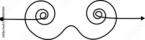 Double opposing spirals drawn with thick lines and emphasized by a directional arrow across the form.
