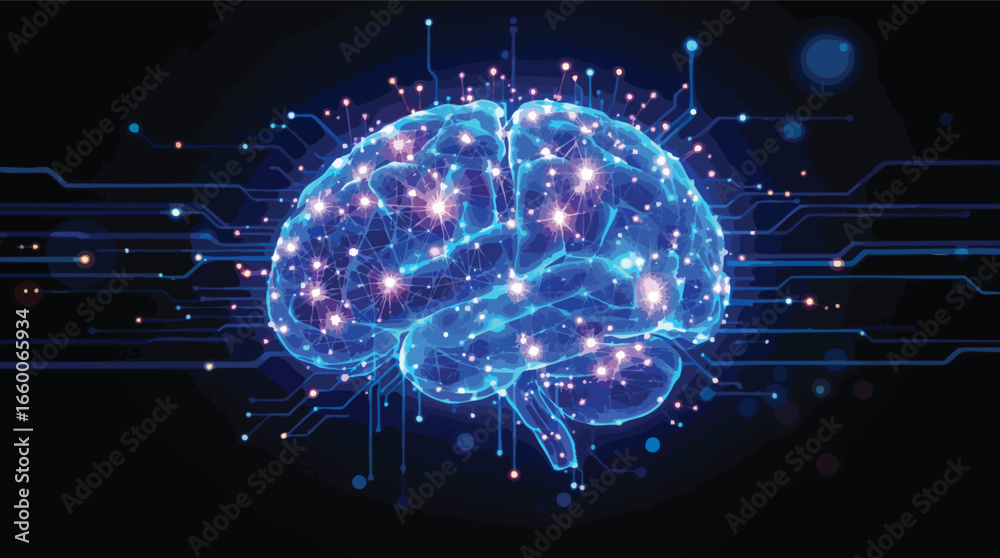 Glowing Blue Digital Brain with Circuitry and Lights on Black Background technology science.