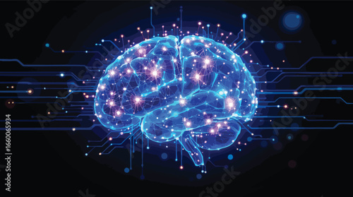 Glowing Blue Digital Brain with Circuitry and Lights on Black Background technology science.