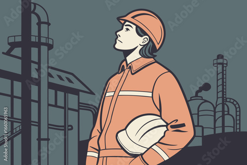 Vector illustration of industrial worker in safety gear at refinery factory site