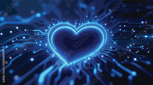 Glowing Blue Digital Heart Symbol Made of Circuit Board Traces and Lights love technology.