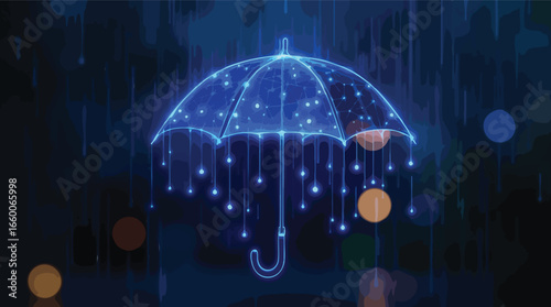 Glowing Blue Digital Umbrella with Raindrops and Bokeh Lights technology.