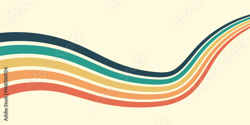 Abstract colorful 70s background vector. Vintage retro wallpaper with rainbow stripes and wavy lines. A 1970 color illustration suitable for posters, banners, decorative items and wall art.