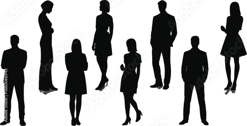 Professional business people silhouettes in formal attire standing in various poses, teamwork concept, corporate group illustration, vector graphic design