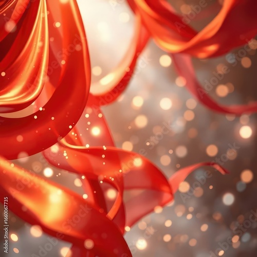 Flowing red ribbons dance in soft light, creating a vibrant and enchanting atmosphere