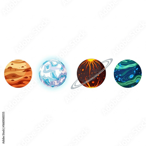 Four cartoon planets with different colors, textures, and ring systems.