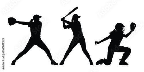 Silhouettes of pitcher, batter, and catcher in softball or baseball poses—capturing athletic roles, motion, and game coordination