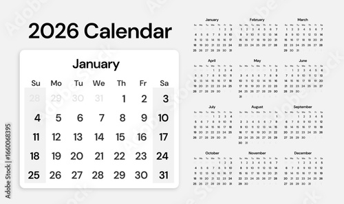 Monthly Calendar Layout 2026 – Diary Planner Template, Week Starts on Sunday