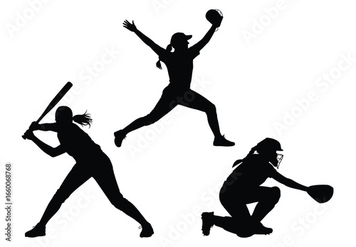 Silhouettes of three female softball players—batting, pitching, catching—capturing dynamic motion, athletic skill, and game roles