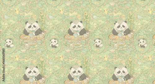Whimsical Panda Tea Party Seamless Pattern with Bamboo and Foliage