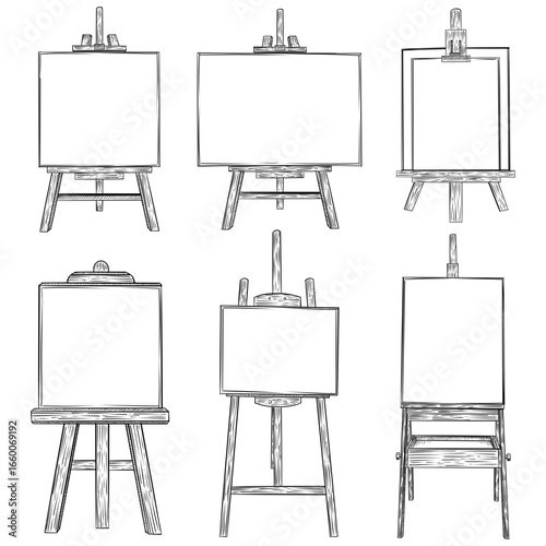 Various kind of wooden easel with blank canvas vector sketch line art hand drawn illustration