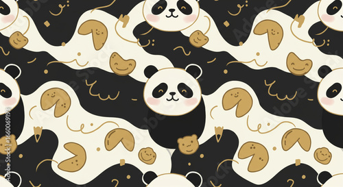 Cute Panda and Fortune Cookie Seamless Pattern with Golden Accents