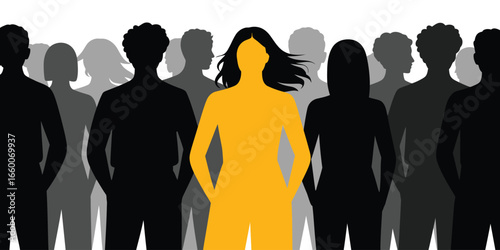 Silhouettes of group with one highlighted figure in yellow-orange—symbolizing individuality, leadership, and standing out from the crowd