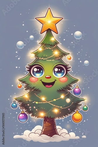 Colorful cartoon Christmas tree with ornaments and lights shining joyfully in a winter landscape